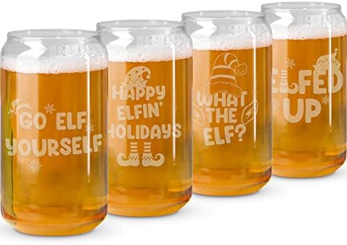 Na Rox pića Funny Božić naočare za pivo -  Elf Holiday pivo može staklo Set od 4 - Božić čaša za piće i posuđa za piće - pivo poklon setovi za Božić