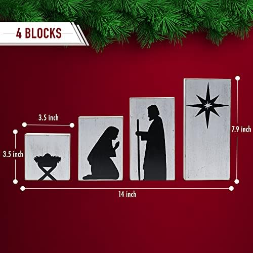 ORNATIVITTIVNO DRVEN BLOKOVNI SCENE - Crne siluete Božićne figure na bijelom obojenom drvenu blokove u zatvorenom rođenju Tabela Top Dekoracije - 1 set