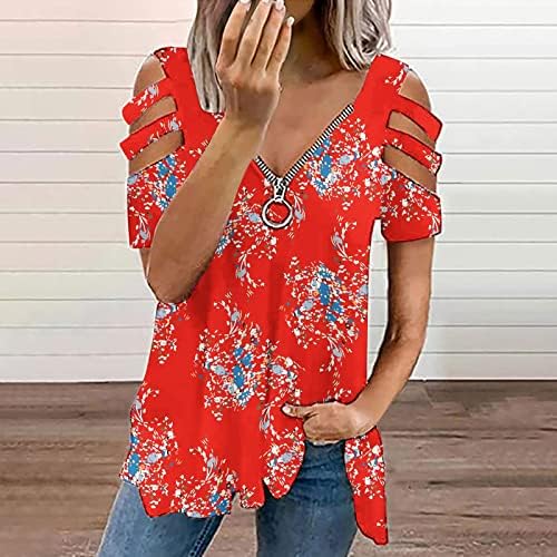 LCEPCY ženska hladno ramenica majica Zip V izrez kratki rukav Tees cvjetni ispis bluza 2023 povremene vrhove tunika