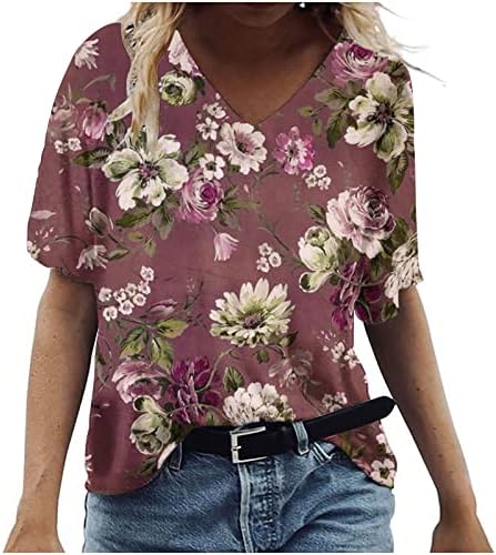 Ženski Ljetni Vrhovi, Žene Casual Plus Size T Shirt Scenic Flowers Print V-Izrez T-Shirt Labavi Kratki Rukavi Tunic Tops Bluze
