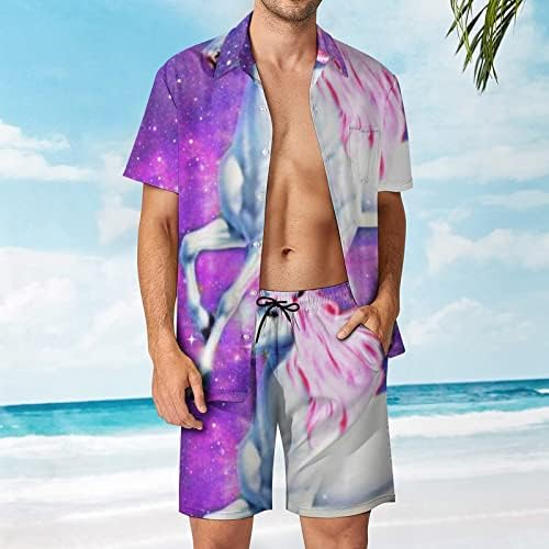 Baikutouan Fantasy jednorog Muška majica 2 komada Havajska košulja odijela Ležerne prilike labave tipke Down The Top & Beach Hratke Hratke odmori