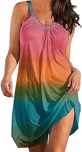 Ženska Moda Boho Gradijent Print Okrugli Vrat Bez Rukava Remen Na Plaži Holiday Dress Ženska Haljina