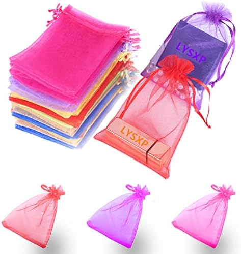 LYSXP 100 kom Organza torbe 4×6 inča，nasumične 10 boja mrežaste torbe za nakit od organze vezice, male vezice Favor torbice za Božićne slatkiše torbe za rođendanske zabave za poklone (mješovite boje,4×6)……
