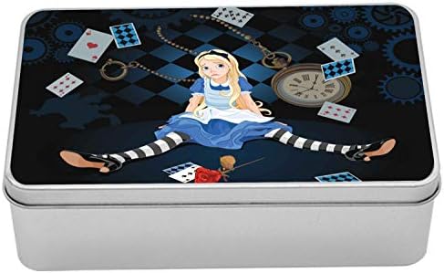 Ambesonne Alice u čudesnoj kutiji, uzgoj džinovske djevojke sjedeće leteće karte i roze karirani crtani, prenosivi pravokutni metalni organizator s poklopcem, 7,2 x 4,7 x 2,2 , tamno plava