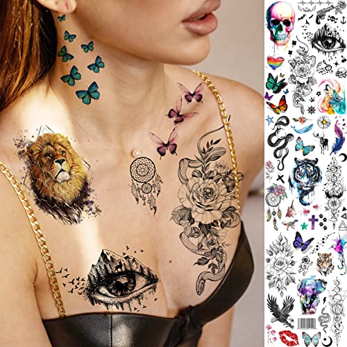 Rejaski 32 listovi 98+ kom. Akaniranje akvarel Tiger Lion Skull Privremene tetovaže za žene Muškarci Odrasli, lažne tetovaže koje izgledaju stvarno i posljednje dugo, 3D Realistic Temp Fox Rose Cvjetna tetovaža Snake Wolf Djeca