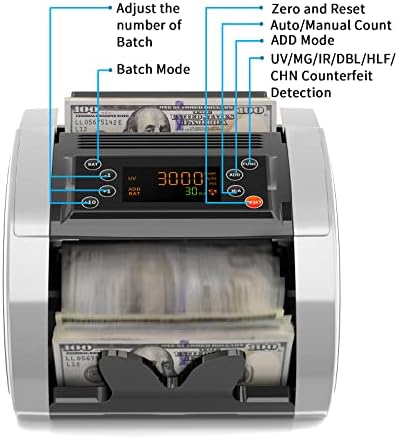 Aoomid Mašina za brojanje novca, AOOMID DC001 UV/IR/MG Mašina za falsifikovanje novčanica, detekcija Polumota/okovanih nota/dvostrukih nota dodavanje / Batch/Auto funkcije sa velikim duplim displejima, Crni