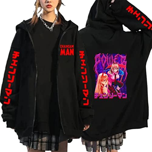 VolRath ChainSaw Man Anime Unisex Fleece dukserica Ispis Zip Up Hoodie Jakna sa džepom, Crne dukseve