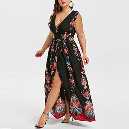 Ženska cvjetna haljina Plus Size seksi leptir Print Deep V Empire struk bez rukava Split ljetna Boho Maxi haljina