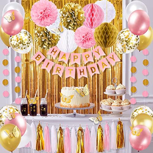 Ružičasti i zlatni ukrasi za rođendanske zabave za žene sa natpisom Happy Birthday, zavjesama, zidom leptira,vijencem kružnih tačaka,pomponima od tkiva,papirnim resicama za nju