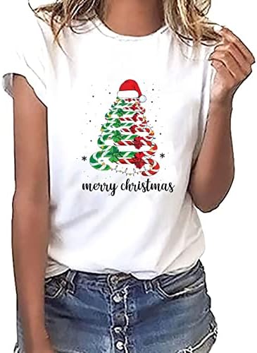 Žena Božićno Drvo Tshirts Casual Pismo Print Kratki Rukav Majice Funny Grafički Pulover O-Izrez Tees Top Bluza