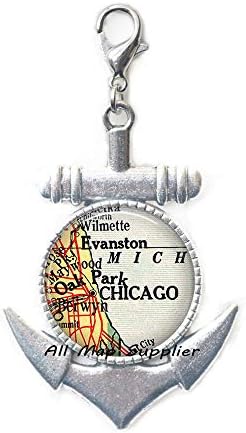 AllMapsupplier modni sidreni patentni zatvarač Chicago Map Sidrilica Zipper Pull, Chicago Karta Jastog kopča, Chicago Sidro sa zatvaračem Povucite šarm, Chicago kopča za jalo, A0002