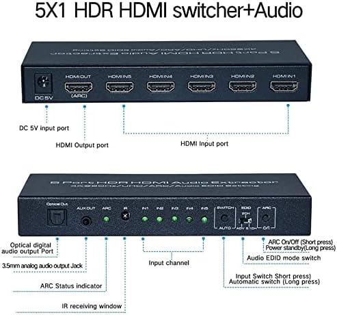 Forfire 4k @ 60Hz HDMI razdjelnik 5 u 1, HDMI prekidač s daljinskim potporom HDMI 2.0 HDCP 2,2 HDR Edid za vatrogasni štap 4K HDTV PS4 / 5 Game Consoles PC Sky Box