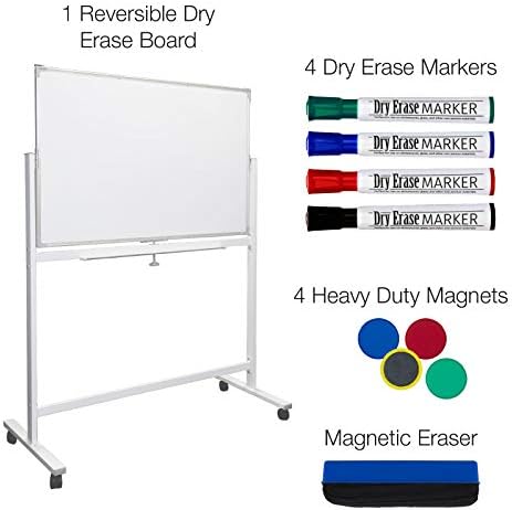 Excello Global Products velika bijela ploča 48 x32 na točkovima: 1 reverzibilna magnetna ploča za suho brisanje sa postoljem za kotrljanje, 4 markera za suho brisanje, 1 gumica za brisanje, 4 magneta, 1 ladica za označavanje