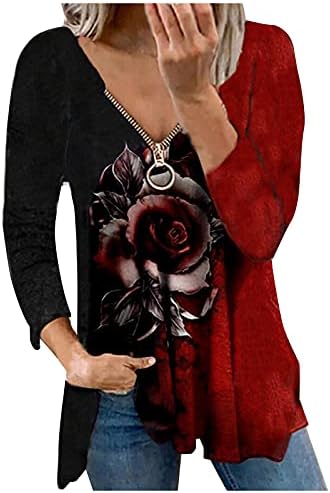 Fragarn ženska fala labava ruža print uboda dugih rukava sa patentnim zatvaračem s dugim rukavima, casual top