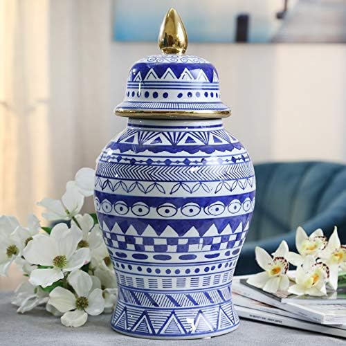 Sagebrook Home VC10467-01 Keramički hram Jar W / Zlatni akcent, plava / Bijela keramika, 7,5 x 7,5 x 14,5 inča
