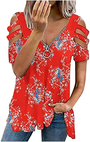 lcepcy ženska izrezana majica hladnog ramena sa patentnim zatvaračem kratki rukavi Tees cvjetni print bluza 2023