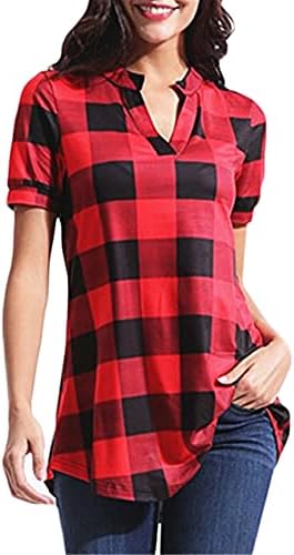 Andongnywell ženske Casual kratke rukave karirane tunike majica karirani štampani V vrat pulover bluze vrhovi bluza