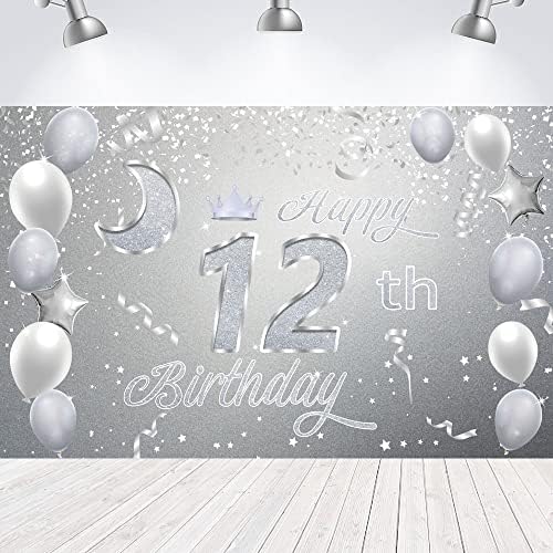 Sweet Happy 12th Birthday Backdrop Banner Poster 12 Birthday Party Decorations 12th Birthday Party Supplies 12th Photo Background For Girls, Boys, Women, Men-Silver 72.8 x 43.3 Inch