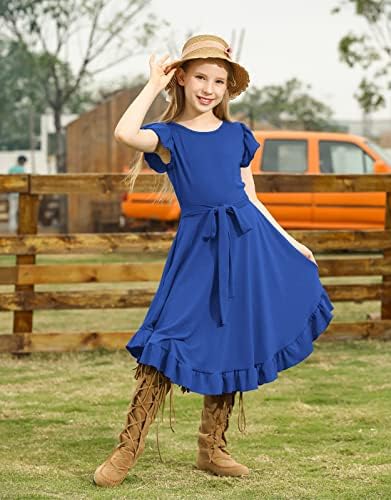 KYMIDY djevojke ruffle rukav Swing haljina za djecu Boho pojaseve Casual haljine sa džepovima za djevojčice 6-12 godina
