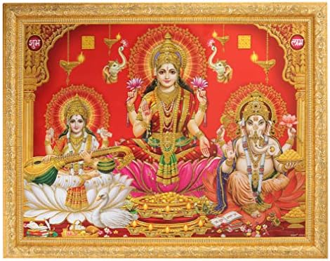 Lakshmi Sararwati Ganesh Golden Zari Art Radna fotografija u zlatnom okviru Veliki religiozni zidni dekor