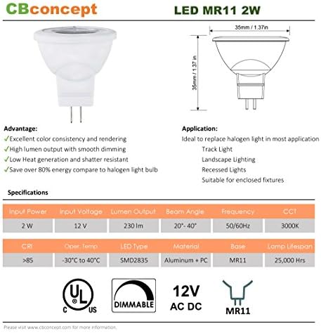 CBconcept UL-Listed MR11 GU4. 0 LED sijalice, 10 pakovanja, 2 Vata, Zatamnjive 230 lumena, toplo