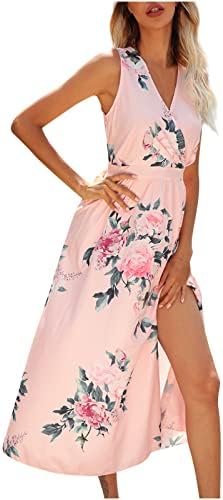 FEHLEGD ženske ljetne haljine dugi Casual Wrap V izrez bez rukava s prorezom visokog struka cvjetno
