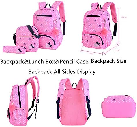 EKUIZAI 3kom Heart Prints ruksak setovi 3 u 1 Bowknot osnovna Školabag Travel Daypack Školska torba Dječiji ruksak za djevojčice