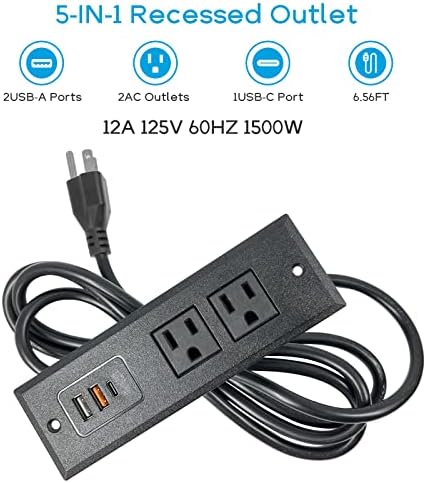 YYSKA Ugradna strujna traka sa 20W USB C portom, ETL navedena Konferencijska udubljena utičnica za utičnicu, brzo punjenje USB-C QC3.0 3A USB-a desk Outlet povezivanje sa 6 ft kablom za nameštaj.
