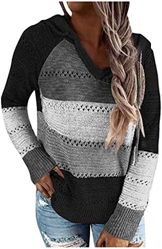 ZEFOTIM ženski pleteni džemper s prugama lagani blok u boji duksevi dugi rukavi s kapuljačom rastezljivi Casual