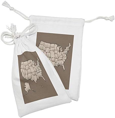 Lunarble USA Mapa Tkaninska torbica set od 2, Skicerski stil grubi američki kontinent nalik fraktalnom uzorku, male torbe za izvlačenje za toaletne potrepštine maske i usluge, 9 x 6, umber bež