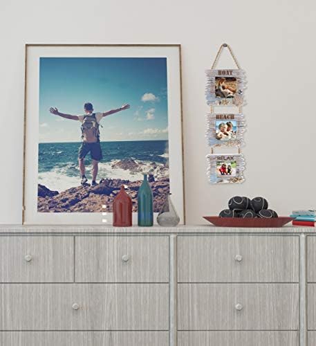 Cota Global Primorski horizont Trostruki okvir za fotografije 4x4 - ručno izrađeni drveni nautički okvir za fotografije za viseće kućni dekor na plaži, ukrasni obalni ukras - ručno rađena boja može varirati