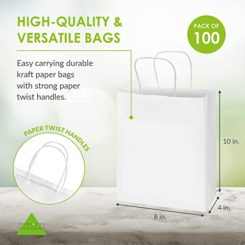 Prime Line Packaging-8x4x10 inča 100 pakovanja bijele poklon torbe, male Papirne torbe za kupovinu sa ručkama, Kraft torbe u rasutom stanju za butike, mala preduzeća , maloprodajne radnje, pokloni & roba