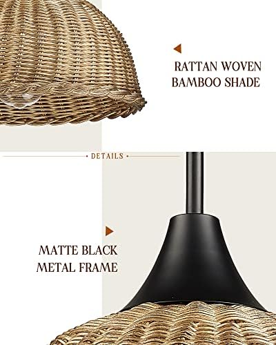 YKLITG Boho Privjesna lampa,1-svijetlo crna pletena Privjesna lampa, Rustikalna bambusova Privjesna