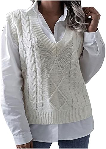 LCZIWO džemper prsluk za žene Trendy V izrez Dukselje bez rukava jesen Provjerite kabl pletiva Čvrsti osnovni