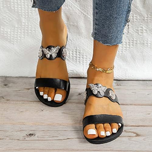 Ljetne papuče za žene leptir vještački dijamant Decor Vanjska papuča dvostruka traka Slip on Slides ravne sandale cipele