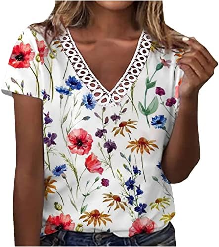 Ženska modna čipka ovratnik V-izrez kratki rukav cvjetni ispisani povremeni trendi pulover majica za bluze
