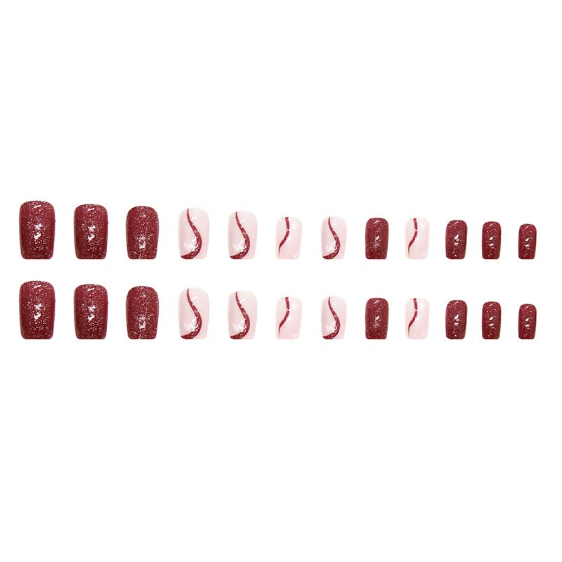 fuldgaenr Square lažni nokti kratka sjajna presa na noktima Umjetna s crvenom linijom dizajnira puni poklopac lažni Savjeti za nokte za žene i djevojčice 24kom