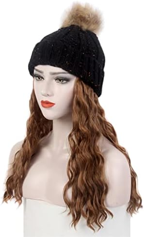 YXBDN modni ženski šešir za kosu jedan crni pleteni šešir perika duga kovrčava smeđa perika i šešir jedan