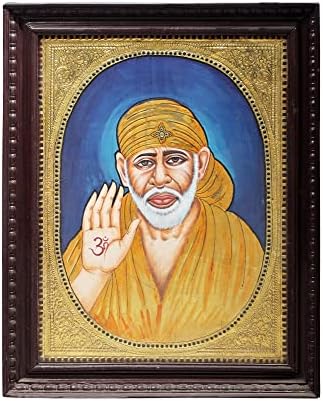 Exotic Indija Blessing Sai Baba Tanjore Slikarstvo | Tradicionalne boje sa 24K zlatom | Okvir tikovine |