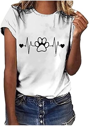 Košulja za žene za žene Slatka psa Paw Heartbeat Print Majica Labavi modni kratki rukovi Ležerne prilike