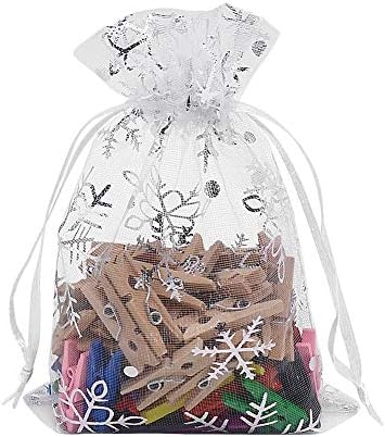 HRX paket 100kom Snowflake Organza poklon torbe Božić 3,5 x 4,7 inča, male bijele mrežaste torbe za nakit male vezice za slatkiše