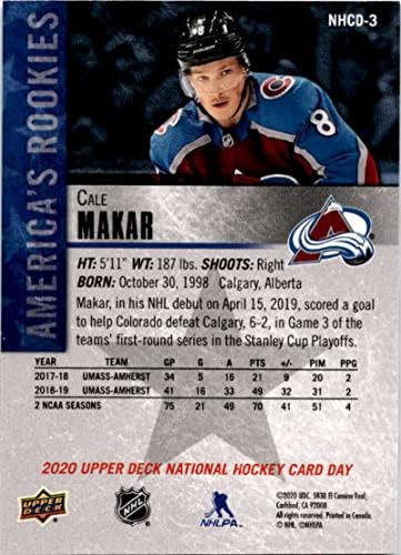 2019-20 Gornja paluba Nacionalna hokejaška kartica Dan Amerika # NHCD-1 Cale Makar Rc Rookie Colorado Avalanche NHL Trgovačka kartica