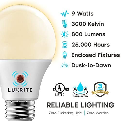 Luxrite A19 LED sijalice od sumraka do zore Vanjska rasvjeta, 60 W ekvivalentno, zatvoreno Učvršćenje ocijenjeno, Automatski senzor za isključeno, 3000k meka Bijela, 800 lumena, vlažna ocjena, E26 baza