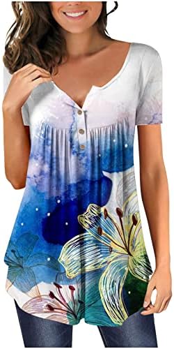 Ženska cvjetna tunika vrhovi dnevnih ležernih majica modne tipke V-izrez naleted kratkih rukava majice podloga