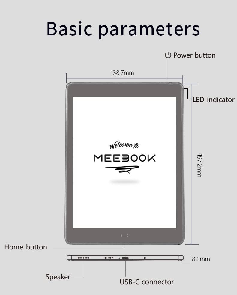 Meebook P78 Pro 7.8 eReader Android 11 SD kartica Podrška za kapacitivni Pen E Ink Carta ekran sa 300ppi prednje svjetlo sa podesivom temperaturom boje, Metal siva