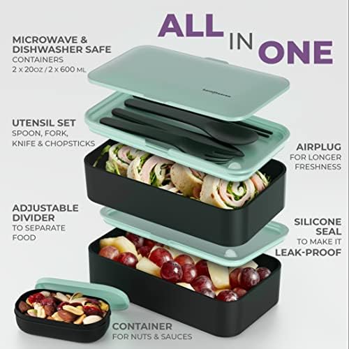 Premium Bento kutija za ručak sa izoliranom ručkom - kutija uključuje šalicu za umaku, razdjelnik, pribor za jelo i štapiće - torba izrađena od trajnih materijala, varijabilnog remena, širokog otpada i sigurnog otpada i hrane