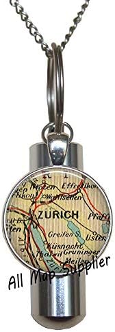 AllMappplier modna kremacija urna ogrlica, Zurich Karta kremacija urna ogrlica, zürich map urn, zürich kremacija urn ogrlica, švicarska map nakit, putni nakit, a0310