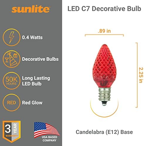 Sunlite 80702 LED C7 Holiday dekorativna sijalica, 0,4 Vata, E12 kandelabra baza, fasetirana Božićna svjetla; noćno svjetlo, crveno 6 Count