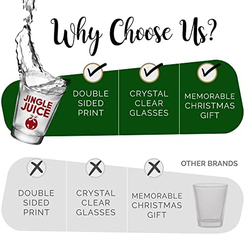 Jingle Juice-6 crvenih i 6 zelenih božićnih čaša - Set od 12 staklenih šoljica za zabave sa obostranim printovima - praznične koktel čaše za piće, tekilu, votku