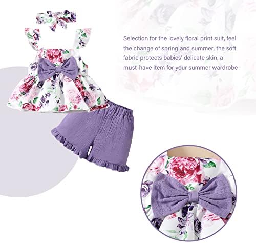 ROMPERINBOX TODDLER Baby Girl Ljeto odijelo Cvjetni ruffle bez rukava Top platnene kratke hlače + trake za glavu 3pcs